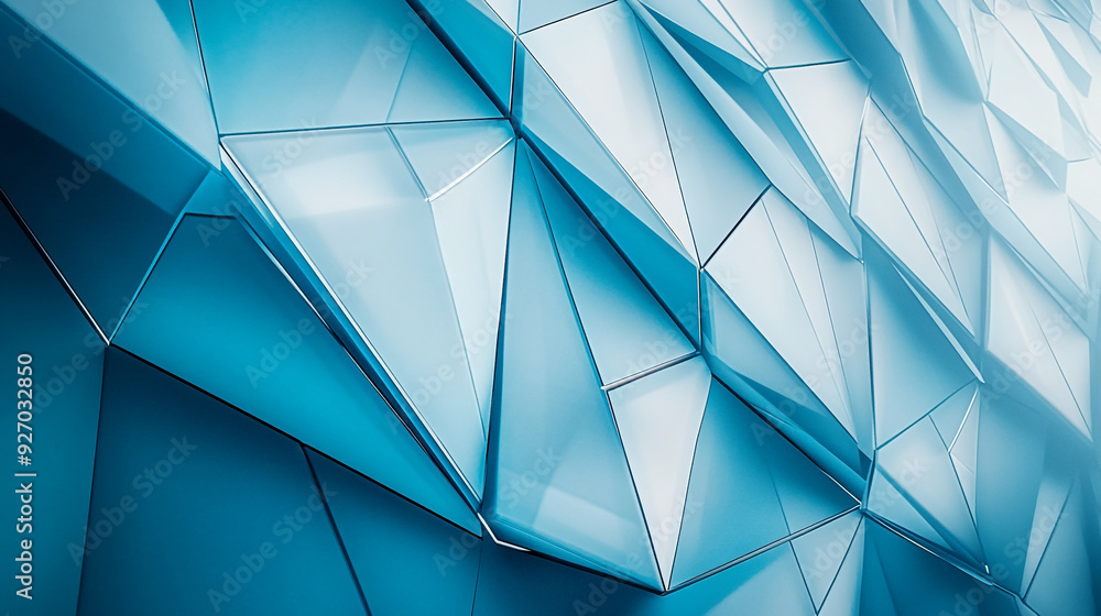 Poster abstract geometric design featuring interlocking blue triangular shapes in a modern interior setting