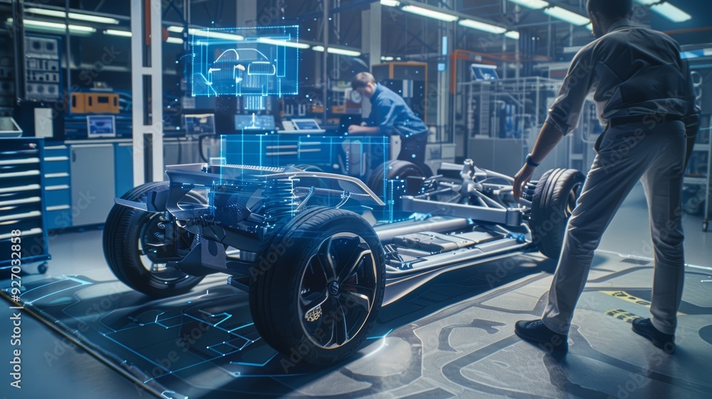 Poster engineers analyzing car suspension system using augmented reality with virtual overlays