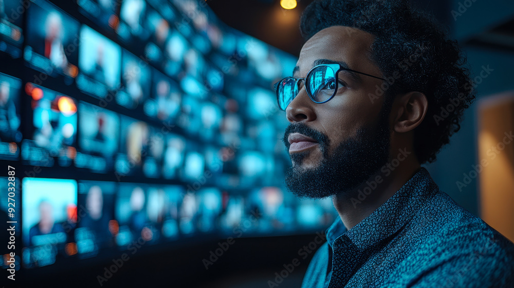Poster man engaged in online video conference call with multiple screens in background, modern remote work 