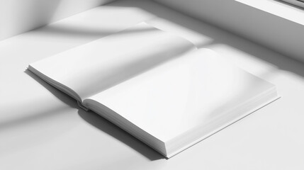 Open blank book resting on a white surface near a window with soft shadows in a minimalist setting
