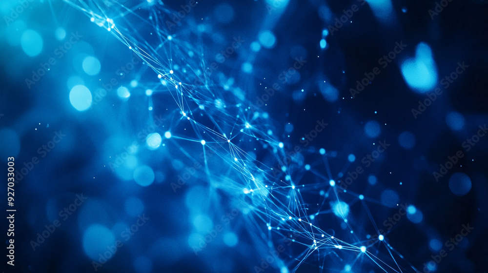 Poster abstract digital network background with glowing blue particles and interconnected lines in a dark s