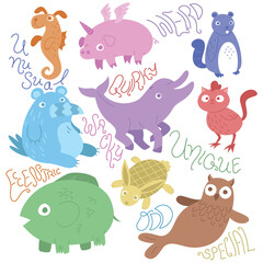 Crazy funny cartoon illustration of hybrid animals. Unusual quirky weird eccentric odd special unique wacky. Colorful animal fusion characters. Flat colors. White background