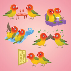 Cute vector illustration of lovebirds on dates. Colorful birds doing fun romantic couples activities. Dinner movies picnic dancing museum. Flat background