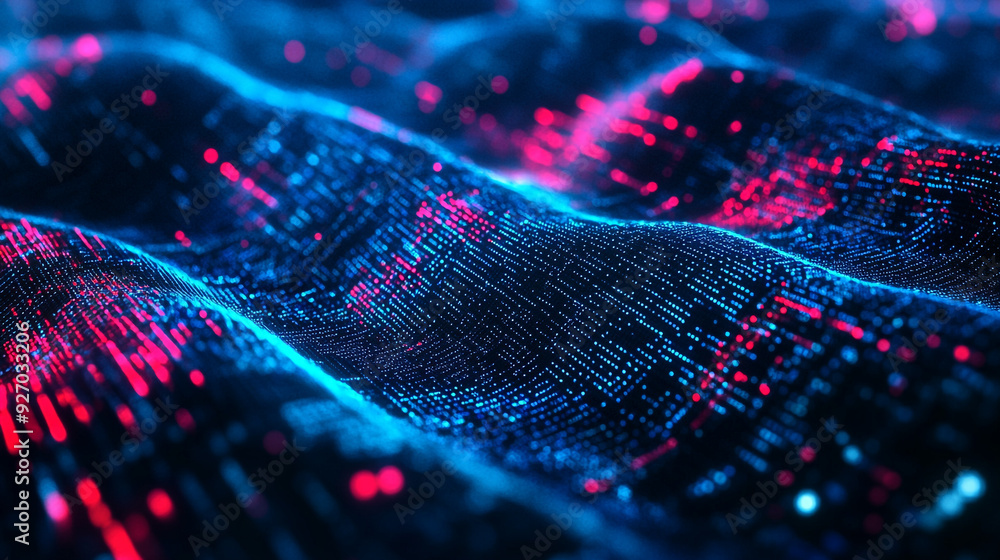 Poster abstract digital waves featuring blue and pink light patterns, showcasing motion and depth in a dark