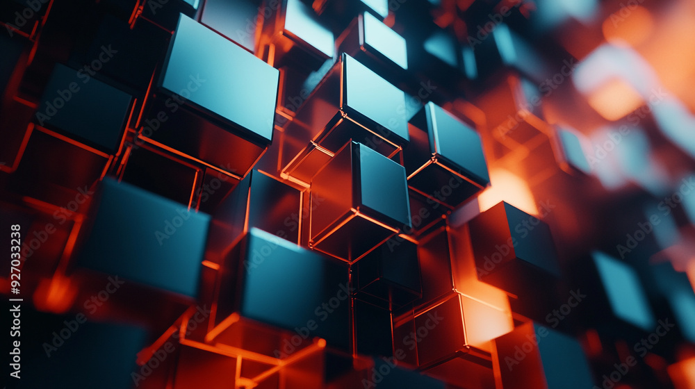 Poster abstract composition of illuminated cubes in a futuristic setting with a focus on depth and dimensio
