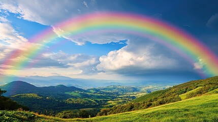 A vibrant rainbow stretching across the sky, casting its colors over rolling green fields, evoking a sense of peace and beauty in the natural world.