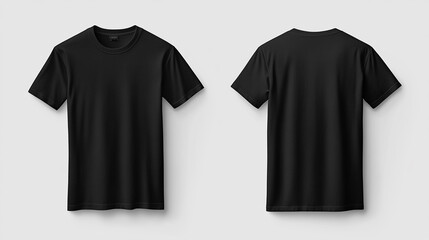 Black t-shirt displayed from the front and back on a gray background