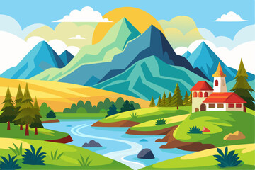 Mountain Landscape with River, Village, and Sunset