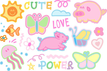 Pastel illustration of pig, butterfly, jellyfish, sun, heart, flower for animal, farm, souvenir shop, aquarium, cute patches, kid doll, emoji, shirt print, cartoon character, comic, mascot, brooch