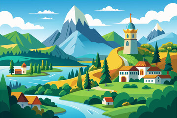 Idyllic Village nestled amidst rolling hills, mountains, and a winding river.