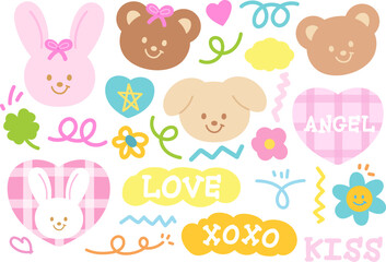 Fototapeta premium Pastel illustration of puppy, bunny, teddy bear, clover leaf, flower for animal, pet shop, vet, zoo, souvenir shop, easter, floral print, angel font, typography, text, message, cute patches, kid doll
