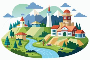 Naklejka premium Cartoon illustration of a picturesque village nestled in a valley surrounded by mountains and a river