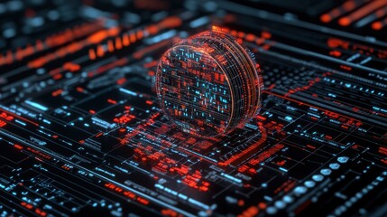 A glowing red core is at the heart of a futuristic data interface, surrounded by sophisticated digital displays and analytics, highlighting advanced technology and data analysis.