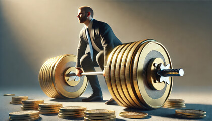 A man is lifting a barbell with a large number of gold coins on the ground