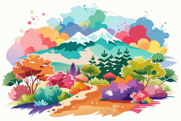 Watercolor Mountain Landscape with Blooming Flowers and Trees