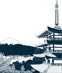 Tokyo travel background illustration image. there are palaces, cherry blossom trees, cities, and mount fuji.