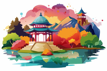 Fototapeta premium Pagoda and Temple in a Serene Asian Landscape