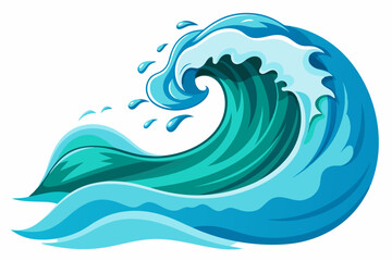 Cartoon illustration of a large, curling ocean wave with water droplets