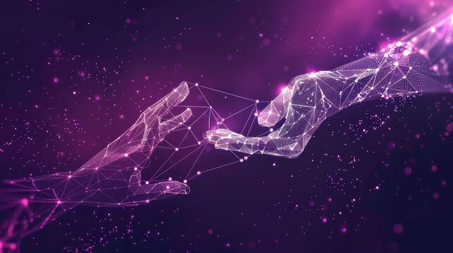Two hands reaching out to each other, made of a constellation of glowing dots.