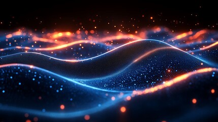Obraz premium Abstract blue and orange glowing wave of particles on a dark background.