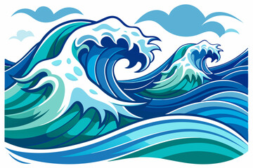 Stylized Illustration of Ocean Waves with Whitecaps and Clouds