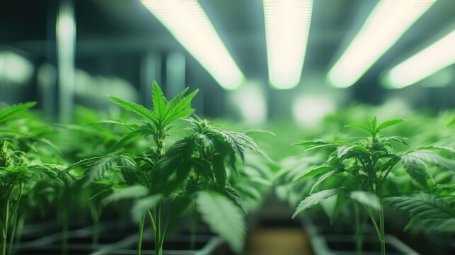 Close-up of fresh cannabis clones in an indoor cultivation facility, showcasing the early stages of growth in a controlled environment