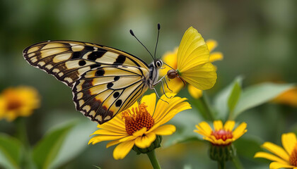 Fototapeta premium A butterfly is sitting on a yellow flower