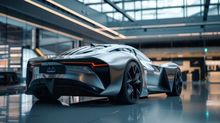 Sleek Metallic Silver Electric Sports Car in Modern Dealership Showroom - Design for Poster or Print