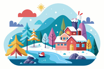 Snowy Village Landscape with a Bird and Winding River