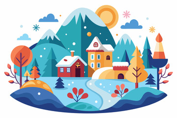 Snowy Mountain Village Landscape with Sun and Clouds