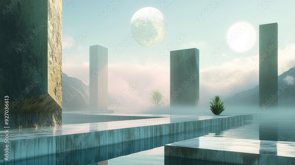 Poster minimalistic, surreal landscape with hyperdimensional aspects, showcasing floating platforms and eth