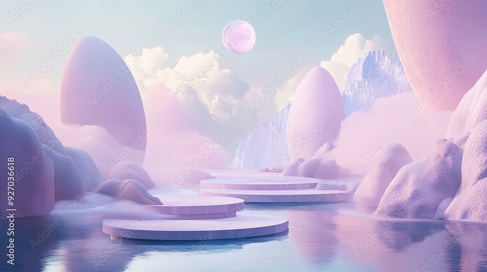 Poster minimalistic, surreal landscape with hyperdimensional aspects, showcasing floating platforms and eth