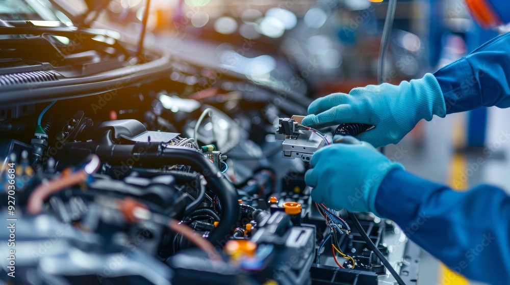 Poster modern car assembly line: engineer wiring electrical components with precision and advanced tools