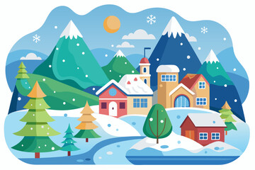 Snowy Mountain Village with Frozen Lake and Trees