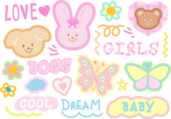 Pastel illustration of puppy, bunny, teddy bear, butterfly, flower, heart for animal, pet shop, vet, zoo, souvenir shop, easter, summer, women empowerment, font, typography, text, message, cute patch