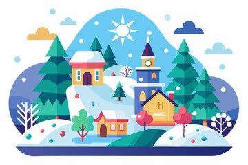 Snowy Village with Church and Houses Under Sunny Sky