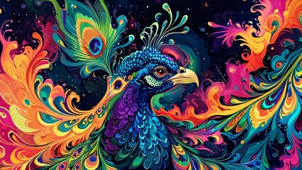 Obraz premium modern oil painting of beautiful multicolored peacock art, abstract peacock art collection of peacock painting for decoration and interior, canvas art, abstract