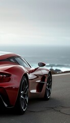 Side View of a Red Luxury Sports Car on a Coastal Road with Ocean Background - Perfect for Posters, Ads