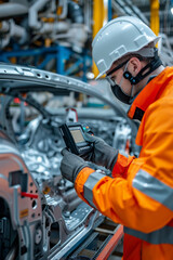 Engineer Using Thermal Imaging Device on High-Tech Car Assembly Line for Vehicle Inspection