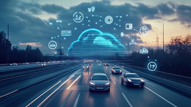 Digital cloud with connected cars and vehicles, highlighting the AI system in the car equipment for enhanced road safety on motorways