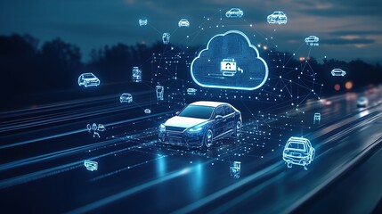 Digital cloud with connected cars and vehicles, highlighting the AI system in the car equipment for enhanced road safety on motorways