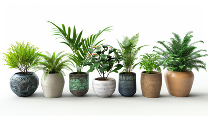 Fototapeta premium A row of potted plants on a white background. The plants are all different types of green plants, and they are all in different types of pots. 