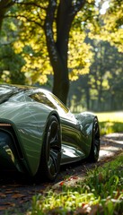 Eco-Friendly Hybrid Car with Aerodynamic Design in a Scenic Nature Park Setting