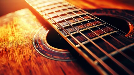 Obraz premium Close-up of an acoustic guitar showcasing its beautiful wood grain and strings, capturing the essence of music and craftsmanship.