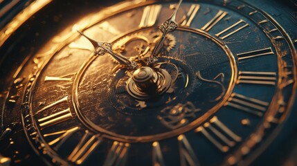 Obraz premium Close-up of an antique clock with intricate design and golden hour lighting, showcasing the beauty of timekeeping.