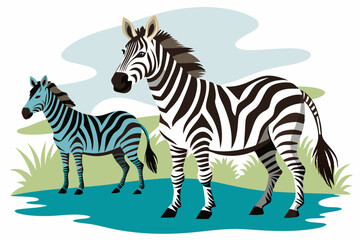 Fototapeta premium Two Zebras Standing in a Body of Water with Blue Grass