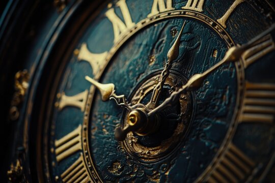 Close-up of an ornate clock face showcasing intricate details and vintage design elements.