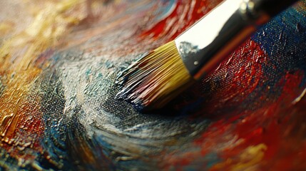 Fototapeta premium Close-up view of a paintbrush applying vibrant colors to a textured canvas, showcasing the art of painting and creativity.