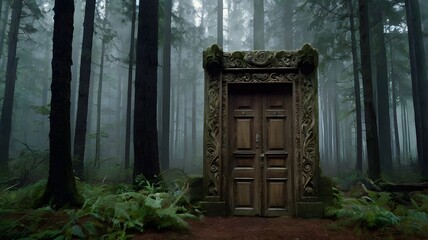 A weathered wooden door with intricate carvings standing alone in a misty forest, surrounded by tall trees