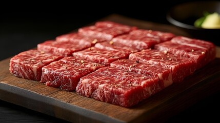 Fototapeta premium Raw marbled beef steaks, ready for grilling, a protein-packed ingredient for a gourmet meal